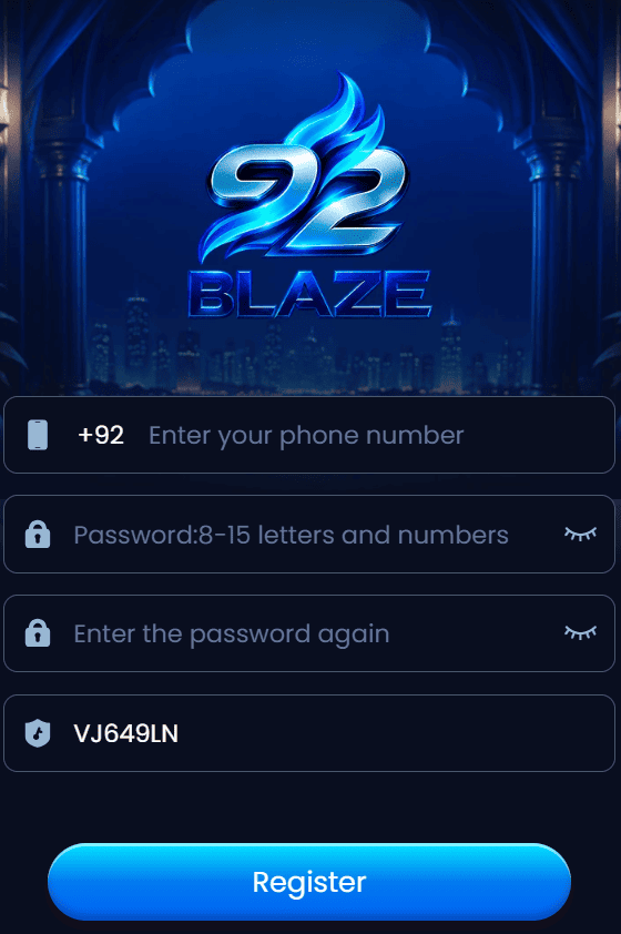 92Blaze Game casino logo featuring blue and gold colors, playing cards, roulette, slots, blackjack, baccarat, dice, and jackpot symbols.